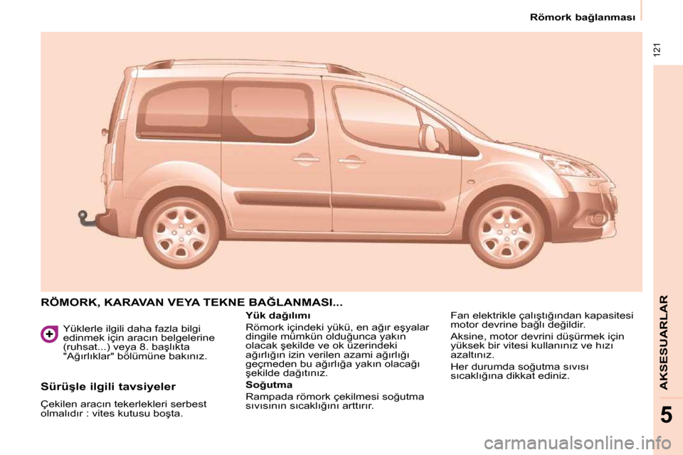 Peugeot Partner Tepee 2010  Kullanım Kılavuzu (in Turkish)  121
� � � �R�ö�m�o�r�k� �b�a�ğ�l�a�n�m�a�s�ı� � � 
AKSESUARLAR
5
  Yüklerle ilgili daha fazla bilgi  
�e�d�i�n�m�e�k� �i�ç�i�n� �a�r�a�c�ı�n� �b�e�l�g�e�l�e�r�i�n�e� 
�(�r�u�h�s�a�t�.�.�.�)� �v