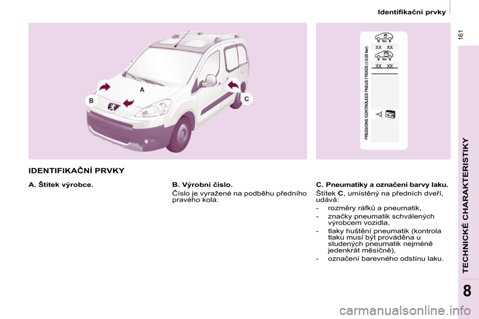 Peugeot Partner Tepee 2010  Návod k obsluze (in Czech)  161
TECHNICKÉ CHARAKTERISTIKY
8
� � � �I�d�e�n�t�i�f�i�k�a�č�n�í� �p�r�v�k�y� � � 
� �I�D�E�N�T�I�F�I�K�A�Č�N�Í� �P�R�V�K�Y� � 
� � �A�.� �Š�t�í�t�e�k� �v�ý�r�o�b�c�e�.� � � � �C�.� �P�n�e�u�
