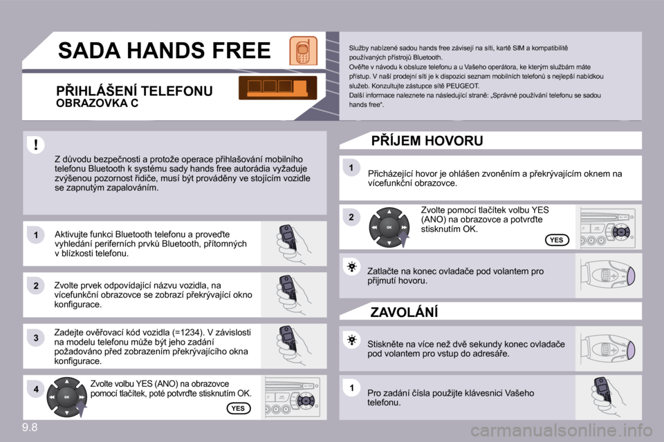 Peugeot Partner Tepee 2010  Návod k obsluze (in Czech) �9�.�8
�1�1
�2�2
�3�3
�1�1
�2�2
�4�4�1�1
 SADA HANDS FREE 
� �Z� �dA�v�o�d�u� �b�e�z�p�e�č�n�o�s�t�i� �a� �p�r�o�t�o�ž�e� �o�p�e�r�a�c�e� �p9�i�h�l�a�š�o�v�á�n�í� �m�o�b�i�l�n�í�h�o� �t�e�l�e�