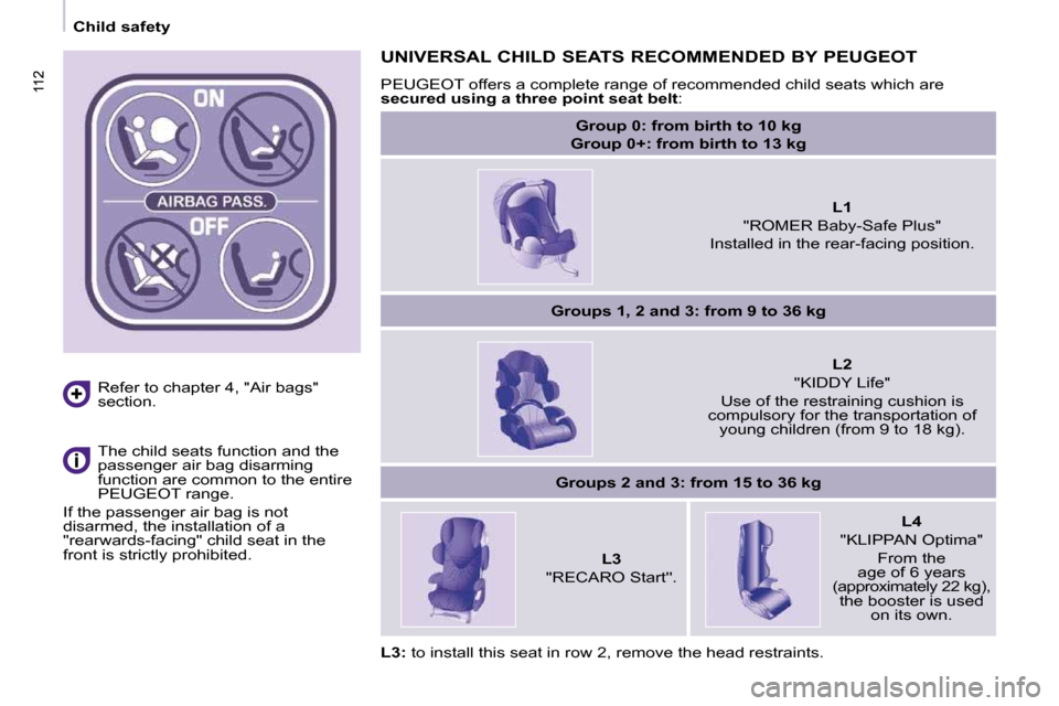 Peugeot Partner Tepee 2009  Owners Manual 112112
   Child safety   
  Refer to chapter 4, "Air bags"  
section.   
   The child seats function and the  
passenger air bag disarming 
function are common to the entire 
PEUGEOT range. 
 If the p