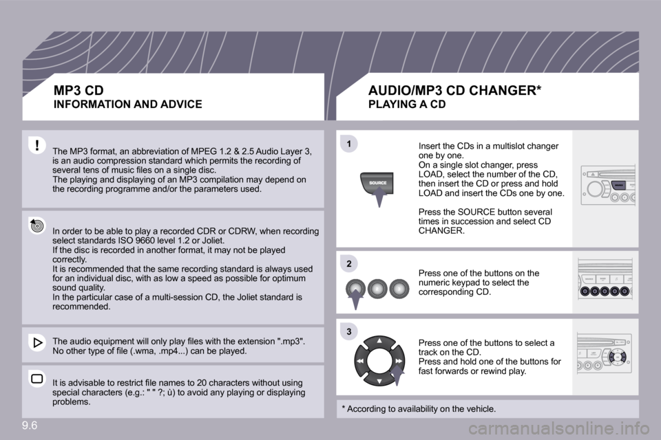 Peugeot Partner Tepee 2009  Owners Manual �9�.�6
�1�1
�2�2
�3�3
 The MP3 format, an abbreviation of MPEG 1.2 & 2.5 Audio Layer 3, �i�s� �a�n� �a�u�d�i�o� �c�o�m�p�r�e�s�s�i�o�n� �s�t�a�n�d�a�r�d� �w�h�i�c�h� �p�e�r�m�i�t�s� �t�h�e� �r�e�c�o�r