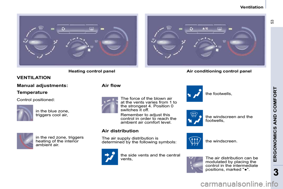 Peugeot Partner Tepee 2009 Owners Guide  53
ERGONOMICS AND COMFORT
33
   Ventilation   
 VENTILATION 
� �t�h�e� �s�i�d�e� �v�e�n�t�s� �a�n�d� �t�h�e� �c�e�n�t�r�a�l�  
vents, 
  Air flow 
 the footwells,  
� �t�h�e� �w�i�n�d�s�c�r�e�e�n� �a