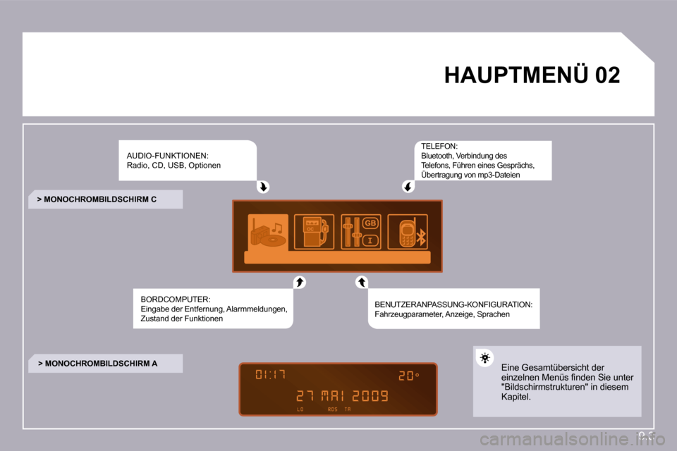 Peugeot Partner Tepee 2009  Betriebsanleitung (in German) 9.3
�0�2� � � � � � � � � �H�A�U�P�T�M�E�N�Ü� � 
 AUDIO-FUNKTIONEN: Radio, CD, USB, Optionen 
 BORDCOMPUTER: Eingabe der Entfernung, Alarmmeldungen, Zustand der Funktionen  
 TELEFON: Bluetooth, Verb