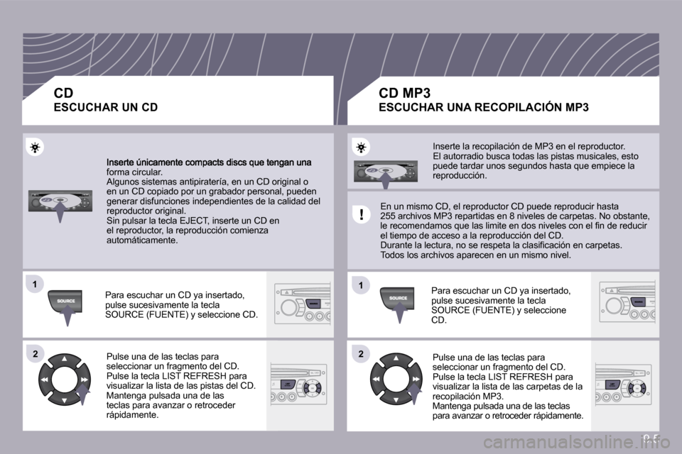 Peugeot Partner Tepee 2009  Manual del propietario (in Spanish) 9.5
�1�1
�2�2
�1�1
�2�2
�f�o�r�m�a� �c�i�r�c�u�l�a�r�.� � �A�l�g�u�n�o�s� �s�i�s�t�e�m�a�s� �a�n�t�i�p�i�r�a�t�e�r�í�a�,� �e�n� �u�n� �C�D� �o�r�i�g�i�n�a�l� �o� �e�n� �u�n� �C�D� �c�o�p�i�a�d�o� �p�