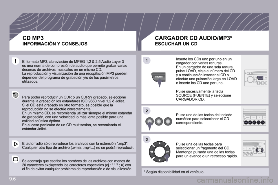 Peugeot Partner Tepee 2009  Manual del propietario (in Spanish) �9�.�6
�1�1
�2�2
�3�3
� �E�l� �f�o�r�m�a�t�o� �M�P�3�,� �a�b�r�e�v�i�a�c�i�ó�n� �d�e� �M�P�E�G� �1�,�2� �&� �2�.�5� �A�u�d�i�o� �L�a�y�e�r� �3� �e�s� �u�n�a� �n�o�r�m�a� �d�e� �c�o�m�p�r�e�s�i�ó�n� 