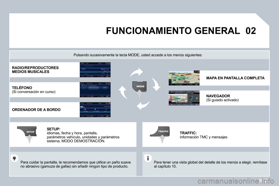 Peugeot Partner Tepee 2009  Manual del propietario (in Spanish) 9. 21
�0�2 FUNCIONAMIENTO GENERAL 
 Para tener una vista global del detalle de los menús a elegir, remítase al capítulo 10.  
  Pulsando sucesivamente la tecla MODE, usted acced e a los menús sigu