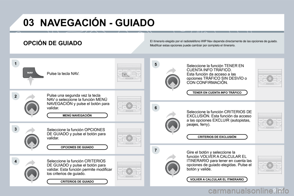 Peugeot Partner Tepee 2009  Manual del propietario (in Spanish) 9. 25
�0�3
�5
�6
�7
�1
�2
�3
�4
� �N�A�V�E�G�A�C�I�Ó�N� �-� �G�U�I�A�D�O� 
  OPCIÓN DE GUIADO 
 Seleccione la función TENER EN CUENTA INFO TRÁFICO.  Esta función da acceso a las opciones TRÁFICO