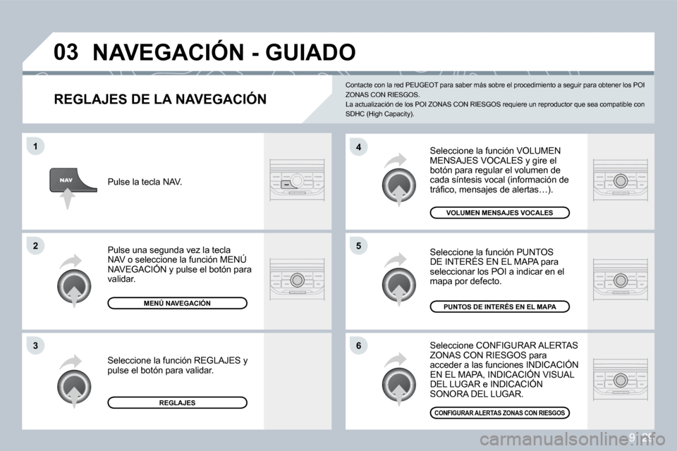 Peugeot Partner Tepee 2009  Manual del propietario (in Spanish) 9. 29
�0�3
�6
�4
�5
�1
�2
�3
  REGLAJES DE LA NAVEGACIÓN 
 Seleccione la función VOLUMEN MENSAJES VOCALES y gire el botón para regular el volumen de cada síntesis vocal (información de �t�r�á�