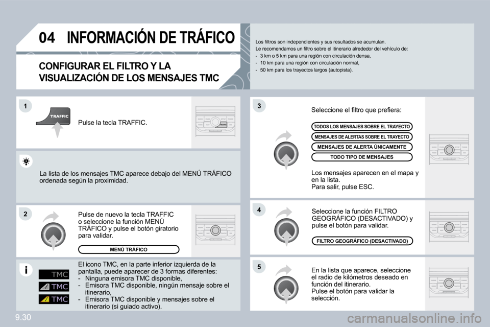Peugeot Partner Tepee 2009  Manual del propietario (in Spanish) 9.30
�0�4
�1
�2
�5
�4
�3
 INFORMACIÓN DE TRÁFICO 
  CONFIGURAR EL FILTRO Y LA 
VISUALIZACIÓN DE LOS MENSAJES TMC 
 En la lista que aparece, seleccione el radio de kilómetros deseado en función de