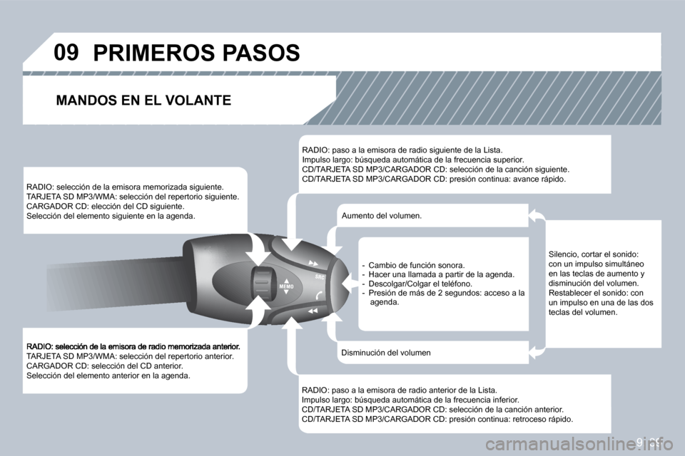 Peugeot Partner Tepee 2009  Manual del propietario (in Spanish) 9. 39
�0�9
 TARJETA SD MP3/WMA: selección del repertorio anterior.  CARGADOR CD: selección del CD anterior.  Selección del elemento anterior en la agenda.  
 RADIO: selección de la emisora memoriz