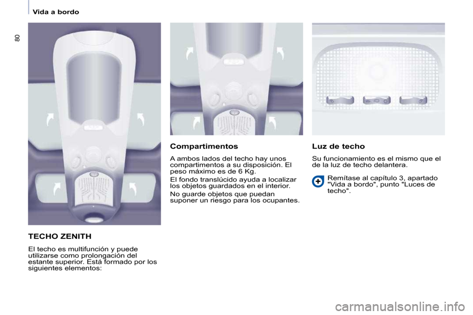 Peugeot Partner Tepee 2009  Manual del propietario (in Spanish) 80
   Vida a bordo   
     TECHO ZENITH 
 El techo es multifunción y puede  
utilizarse como prolongación del 
estante superior. Está formado por los 
siguientes elementos:   Compartimentos  
 A am