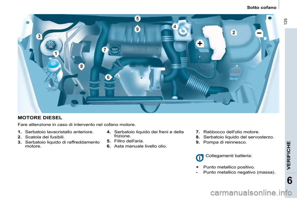 Peugeot Partner Tepee 2009  Manuale del proprietario (in Italian)  125
VERIFICHE
6
   Sotto cofano   
  MOTORE DIESEL    
4.    Serbatoio liquido dei freni e della 
�f�r�i�z�i�o�n�e�.� 
  
5.  �  �F�i�l�t�r�o� �d�e�l�l��a�r�i�a�.� 
  
6.  �  �A�s�t�a� �m�a�n�u�a�l�
