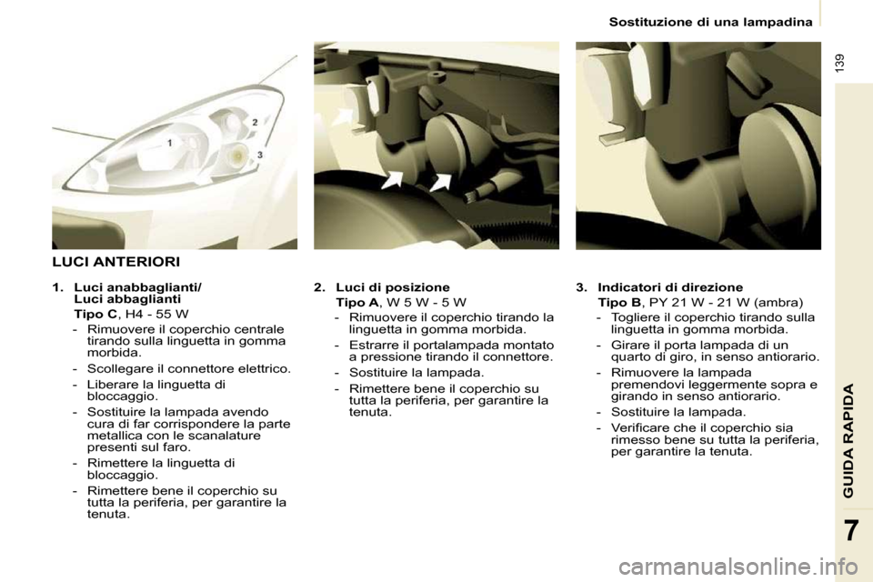 Peugeot Partner Tepee 2009  Manuale del proprietario (in Italian)  139
GUIDA RAPIDA
7
   Sostituzione di una lampadina   
  
3.     Indicatori di direzione     
    Tipo B  , PY 21 W - 21 W (ambra) 
   -   Togliere il coperchio tirando sulla  linguetta in gomma morb