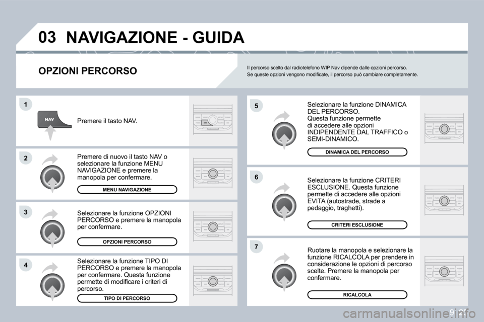 Peugeot Partner Tepee 2009  Manuale del proprietario (in Italian) 9. 25
�0�3
�5
�6
�7
�1
�2
�3
�4
� �N�A�V�I�G�A�Z�I�O�N�E� �-� �G�U�I�D�A� 
  OPZIONI PERCORSO 
 Selezionare la funzione DINAMICA DEL PERCORSO.  Questa funzione permette di accedere alle opzioni INDIPE