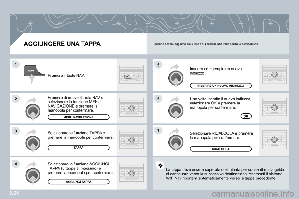 Peugeot Partner Tepee 2009  Manuale del proprietario (in Italian) 9.26
�5
�6
�7
�1
�2
�3
�4
  AGGIUNGERE UNA TAPPA 
 Inserire ad esempio un nuovo indirizzo. 
 Una volta inserito il nuovo indirizzo, selezionare OK e premere la manopola per confermare. 
 Selezionare R