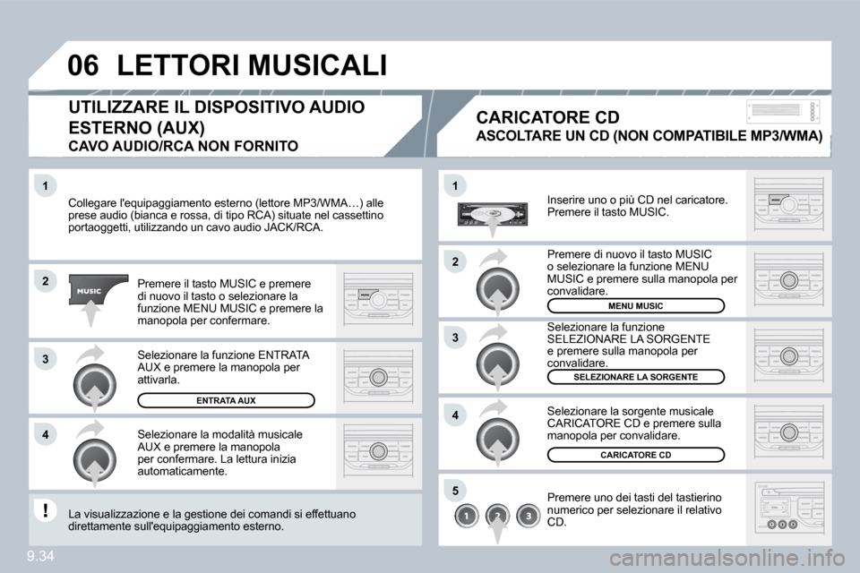 Peugeot Partner Tepee 2009  Manuale del proprietario (in Italian) 9.34
�1
�2
�3
�4
�1
�4
�0�6
�2
�3
�5
 Collegare lequipaggiamento esterno (lettore MP3/WMA/WMA…) alle prese audio (bianca e rossa, di tipo RCA) situate nel canel cassettino portaoggetti, utilizzando