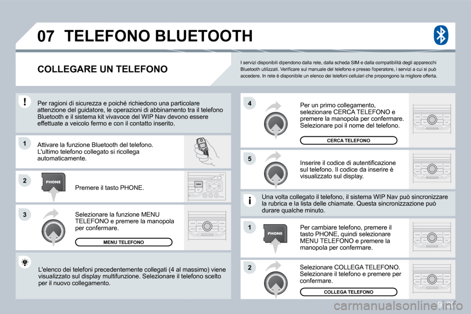 Peugeot Partner Tepee 2009  Manuale del proprietario (in Italian) 9. 35
�0�7
�1
�3
�5
�4
�2
�1
�2
 I servizi disponibili dipendono dalla rete, dalla scheda SIM e dalla compatibilità degli apparecchi �B�l�u�e�t�o�o�t�h� �u�t�i�l�i�z�z�a�t�i�.� �V�e�r�i�ﬁ� �c�a�r�e