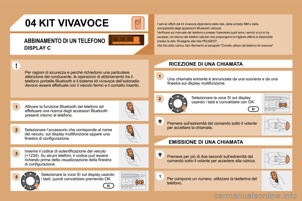 Peugeot Partner Tepee 2009  Manuale del proprietario (in Italian) 11
22
33
11
22
5511
04 KIT VIVAVOCE 
 Per ragioni di sicurezza e perché richiedono una particolare attenzione del conducente, le operazioni di abbinam ento tra il �t�e�l�e�f�o�n�o� �p�o�r�t�a�t�i�l�e