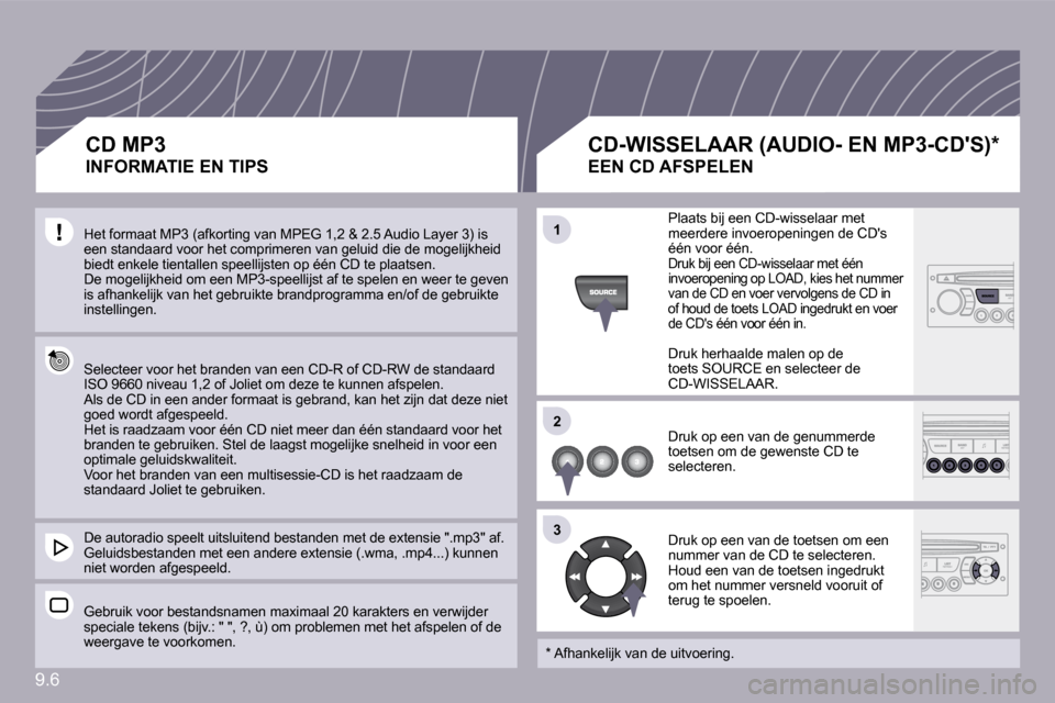 Peugeot Partner Tepee 2009  Handleiding (in Dutch) 9.6
�1�1
�2�2
�3�3
 Het formaat MP3 (afkorting van MPEG 1,2 & 2.5 Audio Layer 3) is een standaard voor het comprimeren van geluid die d e mogelijkheid biedt enkele tientallen speellijsten op één CD 