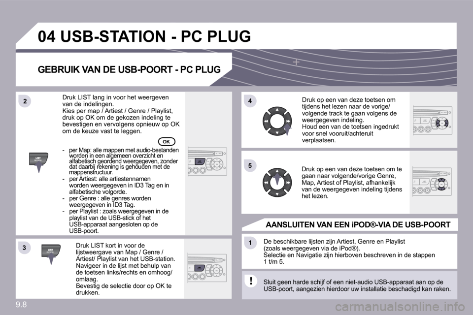 Peugeot Partner Tepee 2009  Handleiding (in Dutch) 9.8
�3�3
�0�4
�4�4
�1�1
�5�5
�2�2
� �U�S�B�-�S�T�A�T�I�O�N� �-� �P�C� �P�L�U�G� 
� � �G�E�B�R�U�I�K� �V�A�N� �D�E� �U�S�B�-�P�O�O�R�T� �-� �P�C� �P�L�U�G� 
  Druk LIST kort in voor de lijstweergave va
