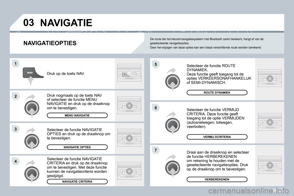 Peugeot Partner Tepee 2009  Handleiding (in Dutch) 9. 25
�0�3
�5
�6
�7
�1
�2
�3
�4
� �N�A�V�I�G�A�T�I�E� 
� � �N�A�V�I�G�A�T�I�E�O�P�T�I�E�S� 
 Selecteer de functie ROUTE DYNAMIEK.  Deze functie geeft toegang tot de opties VERKEERSONAFHANKELIJK of SEM