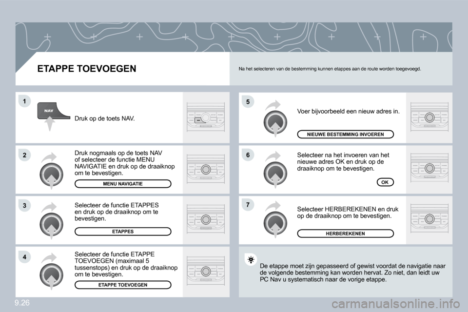 Peugeot Partner Tepee 2009  Handleiding (in Dutch) 9.26
�5
�6
�7
�1
�2
�3
�4
� � �E�T�A�P�P�E� �T�O�E�V�O�E�G�E�N� 
 Voer bijvoorbeeld een nieuw adres in. 
 Selecteer na het invoeren van het nieuwe adres OK en druk op de draaiknop om te bevestigen. 
 