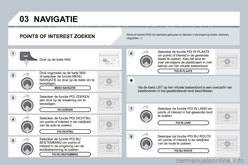 Peugeot Partner Tepee 2009  Handleiding (in Dutch) 9. 27
�0�3
�1
�2
�3
�4
�7
�8�5
�6
� �N�A�V�I�G�A�T�I�E� 
  POINTS OF INTEREST ZOEKEN 
 Druk op de toets NAV. 
 Druk nogmaals op de toets NAV of selecteer de functie MENU NAVIGATIE en druk op de toets 