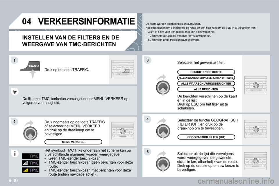 Peugeot Partner Tepee 2009  Handleiding (in Dutch) 9.30
�0�4
�1
�2
�5
�4
�3
� �V�E�R�K�E�E�R�S�I�N�F�O�R�M�A�T�I�E� 
� � �I�N�S�T�E�L�L�E�N� �V�A�N� �D�E� �F�I�L�T�E�R�S� �E�N� �D�E� 
�W�E�E�R�G�A�V�E� �V�A�N� �T�M�C�-�B�E�R�I�C�H�T�E�N� 
 Selecteer u