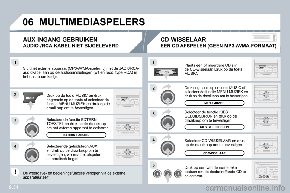 Peugeot Partner Tepee 2009  Handleiding (in Dutch) 9.34
�1
�2
�3
�4
�1
�4
�0�6
�2
�3
�5
 Sluit het externe apparaat (MP3-/WMA-speler…) met demet de JACK/RCA-audiokabel aan op de audioaansluitingen (wit en rood, trood, type RCA) in het dashboardkastj