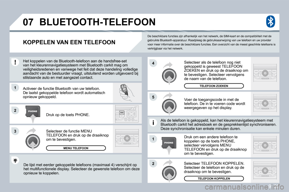 Peugeot Partner Tepee 2009  Handleiding (in Dutch) 9. 35
�0�7
�1
�3
�5
�4
�2
�1
�2
 De beschikbare functies zijn afhankelijk van het netwerk, de SIM-kaart en de compatibiliteit met de gebruikte Bluetooth-apparatuur. Raadpleeg de gebrui ksaanwijzing va