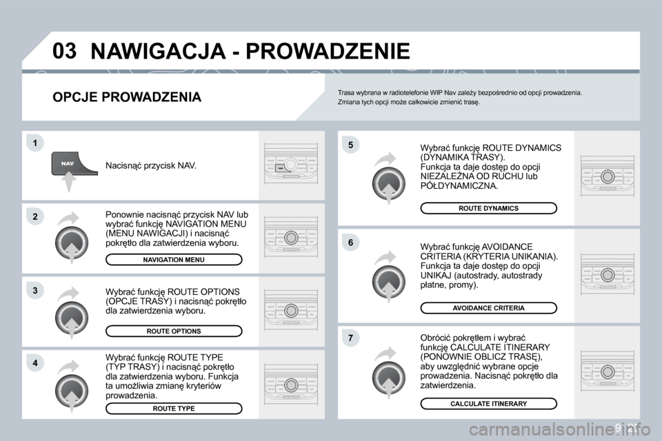 Peugeot Partner Tepee 2009  Instrukcja Obsługi (in Polish) 9. 25
�0�3
�5
�6
�7
�1
�2
�3
�4
� �N�A�W�I�G�A�C�J�A� �-� �P�R�O�W�A�D�Z�E�N�I�E� 
  OPCJE PROWADZENIA 
� �W�y�b�r�a�ć� �f�u�n�k�c�j
� �R�O�U�T�E� �D�Y�N�A�M�I�C�S� �(�D�Y�N�A�M�I�K�A� �T�R�A�S�Y�)�