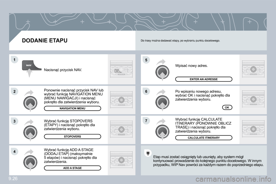 Peugeot Partner Tepee 2009  Instrukcja Obsługi (in Polish) 9.26
�5
�6
�7
�1
�2
�3
�4
  DODANIE ETAPU 
� �W�p�i�s�a�ć� �n�o�w�y� �a�d�r�e�s�.� 
� �P�o� �w�p�i�s�a�n�i�u� �n�o�w�e�g�o� �a�d�r�e�s�u�,� �w�y�b�r�a�ć� �O�K� �i� �n�a�c�i�s�n"�ć� �p�o�k�r
�t�ł