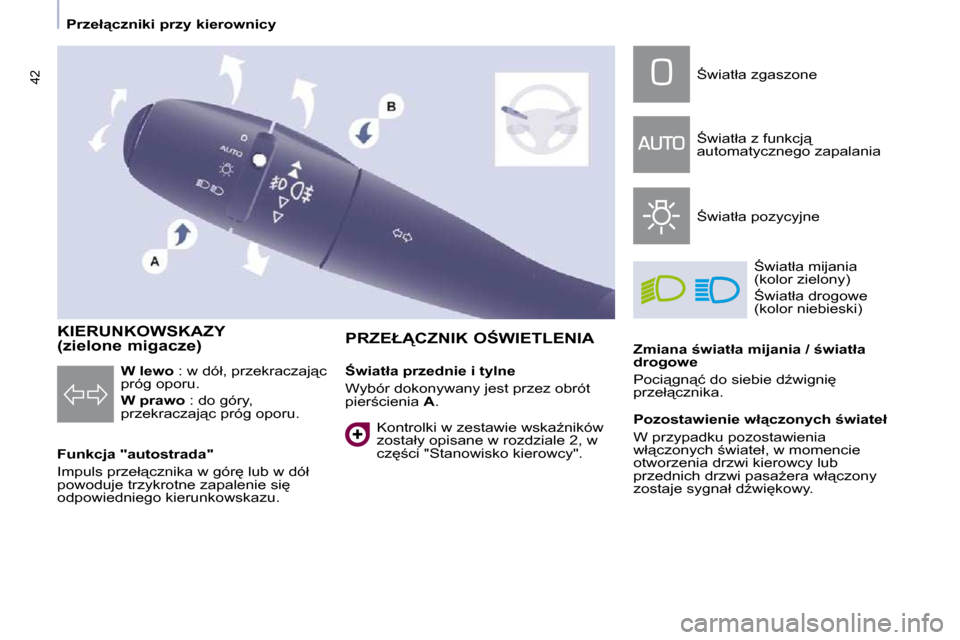 Peugeot Partner Tepee 2009  Instrukcja Obsługi (in Polish) 42
� � � �P�r�z�e�ł"�c�z�n�i�k�i� �p�r�z�y� �k�i�e�r�o�w�n�i�c�y� � � 
    KIERUNKOWSKAZY  
�(�z�i�e�l�o�n�e� �m�i�g�a�c�z�e�)�  
� � �F�u�n�k�c�j�a� �"�a�u�t�o�s�t�r�a�d�a�"�  
� �I�m�p�u�l�s� �p�r