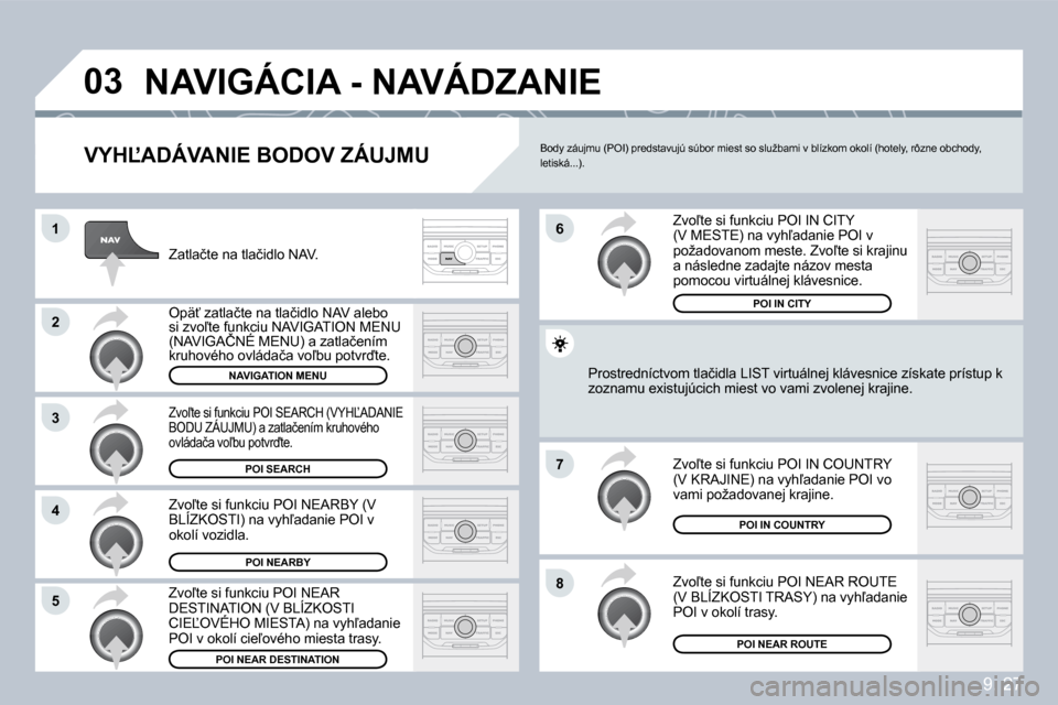 Peugeot Partner Tepee 2009  Užívateľská príručka (in Slovak) 9. 27
�0�3
�1
�2
�3
�4
�7
�8�5
�6
� �N�A�V�I�G�Á�C�I�A� �-� �N�A�V�Á�D�Z�A�N�I�E� 
� � �V�Y�H,�A�D�Á�V�A�N�I�E� �B�O�D�O�V� �Z�Á�U�J�M�U� 
� �Z�a�t�l�a�č�t�e� �n�a� �t�l�a�č�i�d�l�o� �N�A�V�.� 