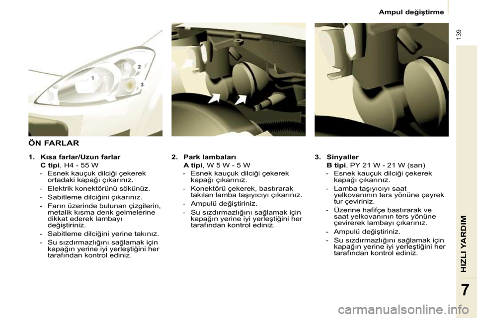Peugeot Partner Tepee 2009  Kullanım Kılavuzu (in Turkish) � �1�3�9
HIZLI YARDIM
7
� � � �A�m�p�u�l� �d�e�ğ�i�ş�t�i�r�m�e� � � 
  
3.     �S�i�n�y�a�l�l�e�r�     
    �B� �t�i�p�i�  �,� �P�Y� �2�1� �W� �-� �2�1� �W� �(�s�a�r�ı�)� 
� � � �-� �  �E�s�n�e�k� 
