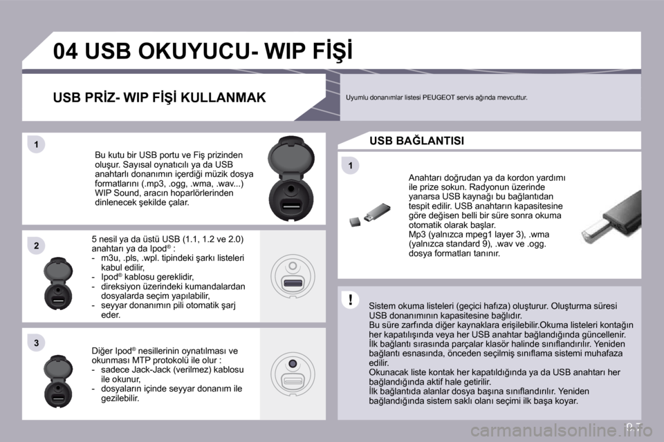 Peugeot Partner Tepee 2009  Kullanım Kılavuzu (in Turkish) 9.7
�1�1
�0�4
�1�1
�2�2
�3�3
� � � � � � � � � � �U�S�B� �O�K�U�Y�U�C�U�-� �W�I�P� �F�İ�Ş�İ
� � �S�i�s�t�e�m� �o�k�u�m�a� �l�i�s�t�e�l�e�r�i� �(�g�e�ç�i�c�i� �h�a�f�ı�z�a�)� �o�l�u�ş�t�u�r�u�r�.