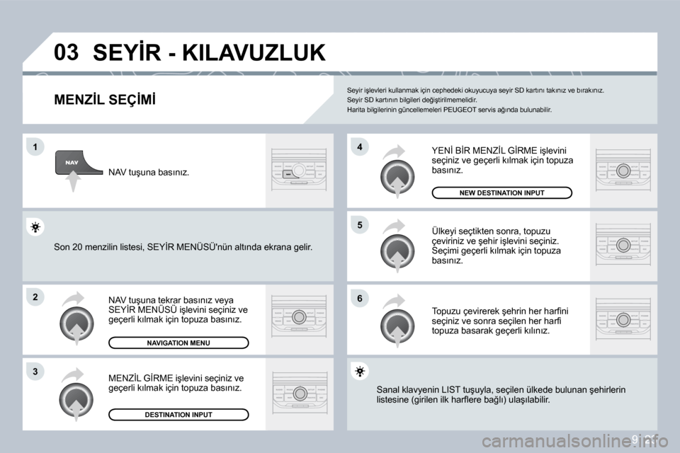 Peugeot Partner Tepee 2009  Kullanım Kılavuzu (in Turkish) �9�.� �2�3
�0�3
�1
�2
�3
�6
�5
�4
� �S�E�Y�İ�R� �-� �K�I�L�A�V�U�Z�L�U�K� 
� � �M�E�N�Z�İ�L� �S�E�Ç�İ�M�İ� 
� �N�A�V� �t�u�ş�u�n�a� �t�e�k�r�a�r� �b�a�s�ı�n�ı�z� �v�e�y�a� �S�E�Y�İ�R� �M�E�N�