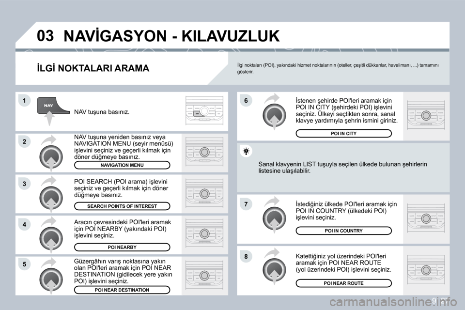 Peugeot Partner Tepee 2009  Kullanım Kılavuzu (in Turkish) �9�.� �2�7
�0�3
�1
�2
�3
�4
�7
�8�5
�6
� �N�A�V�İ�G�A�S�Y�O�N� �-� �K�I�L�A�V�U�Z�L�U�K� 
� � �İ�L�G�İ� �N�O�K�T�A�L�A�R�I� �A�R�A�M�A� 
� �N�A�V� �t�u�ş�u�n�a� �b�a�s�ı�n�ı�z�.� 
� �N�A�V� �t�u