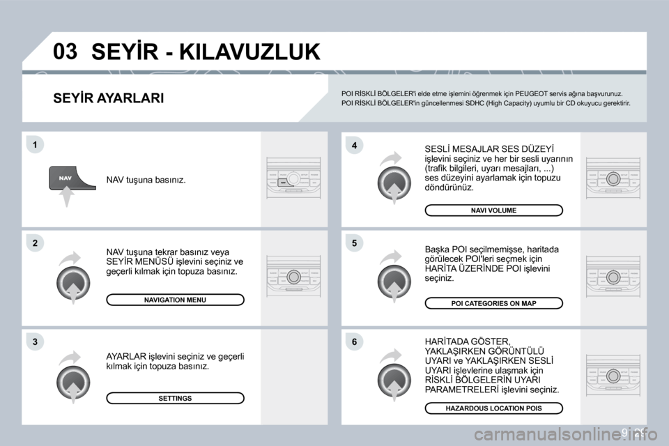 Peugeot Partner Tepee 2009  Kullanım Kılavuzu (in Turkish) 9. 29
�0�3
�6
�4
�5
�1
�2
�3
� � �S�E�Y�İ�R� �A�Y�A�R�L�A�R�I� 
� �S�E�S�L�İ� �M�E�S�A�J�L�A�R� �S�E�S� �D�Ü�Z�E�Y�İ� �i�ş�l�e�v�i�n�i� �s�e�ç�i�n�i�z� �v�e� �h�e�r� �b�i�r� �s�e�s�l�i� �u�y�a�r