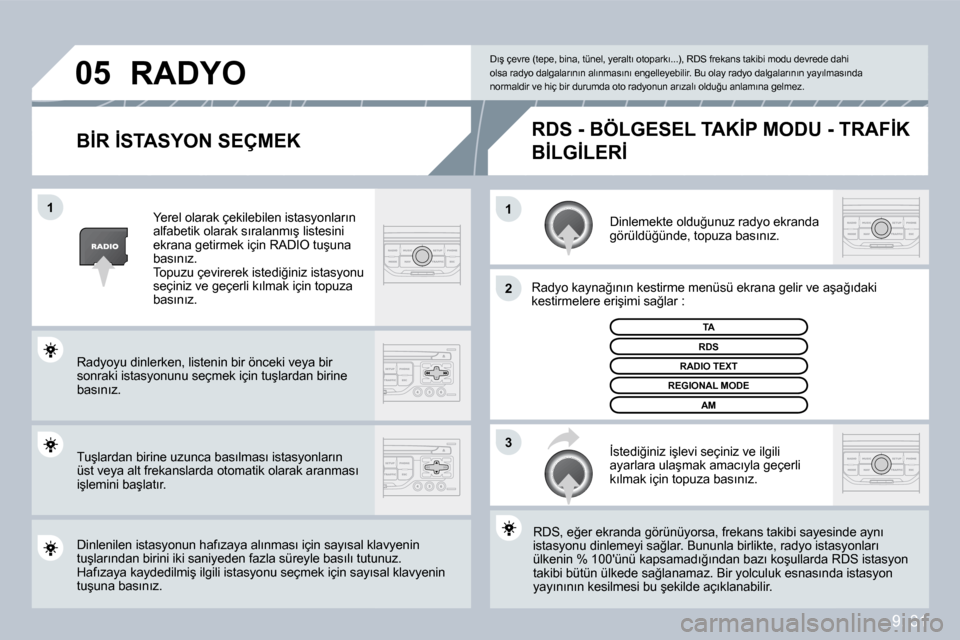 Peugeot Partner Tepee 2009  Kullanım Kılavuzu (in Turkish) �9�.� �3�1
�1�1
�2
�3
�0�5
� � �B�İ�R� �İ�S�T�A�S�Y�O�N� �S�E�Ç�M�E�K� 
� �D�i�n�l�e�m�e�k�t�e� �o�l�d�u�ğ�u�n�u�z� �r�a�d�y�o� �e�k�r�a�n�d�a� �g�ö�r�ü�l�d�ü�ğ�ü�n�d�e�,� �t�o�p�u�z�a� �b�a�