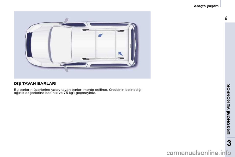 Peugeot Partner Tepee 2009  Kullanım Kılavuzu (in Turkish) � �8�5
�E�R�G�O�N�O�M�İ� �V�E� �K�O�N�F�O�R
33
� � � �A�r�a�ç�t�a� �y�a�ş�a�m� � � 
� �D�I�Ş� �T�A�V�A�N� �B�A�R�L�A�R�I� 
� �B�u� �b�a�r�l�a�r�ı�n� �ü�z�e�r�l�e�r�i�n�e� �y�a�t�a�y� �t�a�v�a�n�