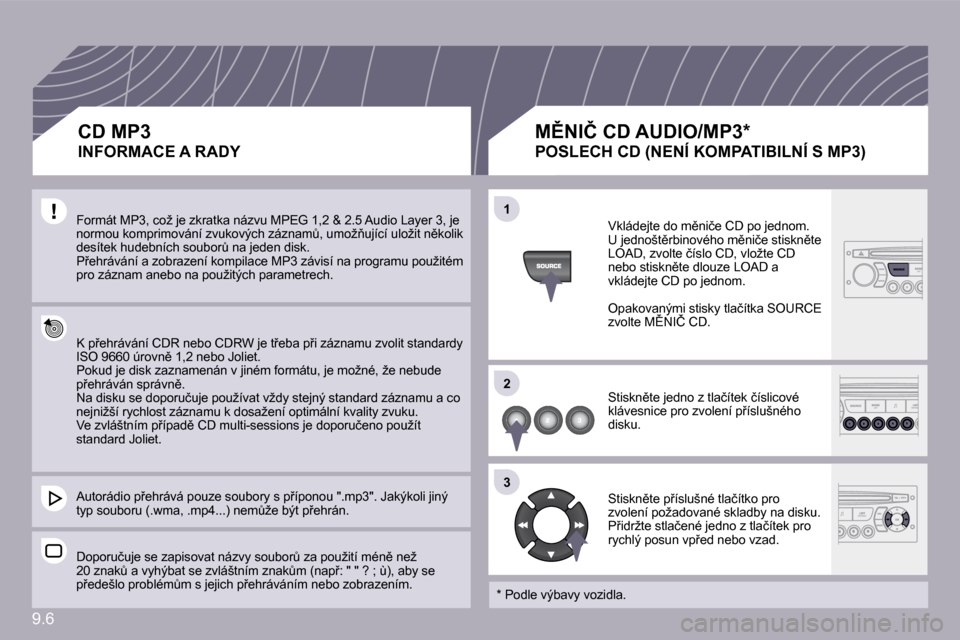 Peugeot Partner Tepee 2009  Návod k obsluze (in Czech) 9.6
�1�1
�2�2
�3�3
� �F�o�r�m�á�t� �M�P�3�,� �c�o�ž� �j�e� �z�k�r�a�t�k�a� �n�á�z�v�u� �M�P�E�G� �1�,�2� �&� �2�.�5� �A�u�d�i�o� �L�a�y�e�r� �3�,� �j�e� �n�o�r�m�o�u� �k�o�m�p�r�i�m�o�v�á�n�í� �z