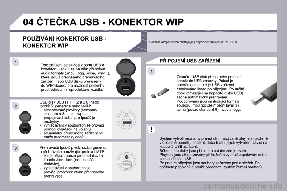 Peugeot Partner Tepee 2009  Návod k obsluze (in Czech) 9.7
�1�1
�0�4
�1�1
�2�2
�3�3
� � � � � � � � � �Č�T�E�Č�K�A� �U�S�B� �-� �K�O�N�E�K�T�O�R� �W�I�P� 
� � �S�y�s�t�é�m� �v�y�t�v�o9�í� �s�e�z�n�a�m�y� �p9�e�h�r�á�v�á�n�í�,� �n�a�z�ý�v�a�n�é�