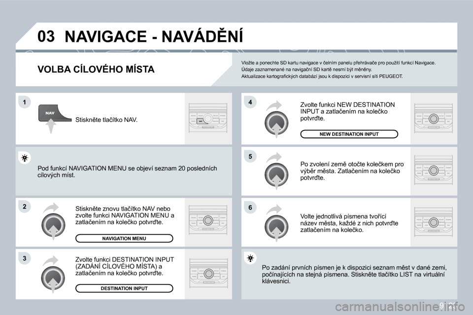 Peugeot Partner Tepee 2009  Návod k obsluze (in Czech) �9�.� �2�3
�0�3
�1
�2
�3
�6
�5
�4
� �N�A�V�I�G�A�C�E� �-� �N�A�V�Á�D(�N�Í� 
  VOLBA CÍLOVÉHO MÍSTA 
� �S�t�i�s�k�n)�t�e� �z�n�o�v�u� �t�l�a�č�í�t�k�o� �N�A�V� �n�e�b�o� �z�v�o�l�t�e� �f�u�n�k