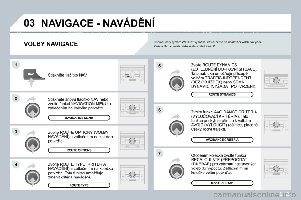 Peugeot Partner Tepee 2009  Návod k obsluze (in Czech) 9. 25
�0�3
�5
�6
�7
�1
�2
�3
�4
� �N�A�V�I�G�A�C�E� �-� �N�A�V�Á�D(�N�Í� 
  VOLBY NAVIGACE 
� �Z�v�o�l�t�e� �R�O�U�T�E� �D�Y�N�A�M�I�C�S� �(�Z�O�H�L�E�D�N(�N�Í� �D�O�P�R�A�V�N�Í� �S�I�T�U�A�C�E�