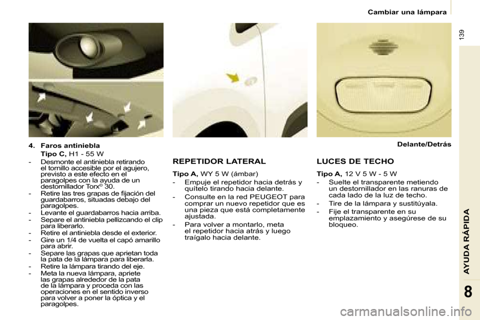 Peugeot Partner Tepee 2008.5 Manual del propietario (in Spanish) 139
AYUDA RÁPIDA
8
Cambiar una lámpara
4. Faros antiniebla
Tipo C, H1 - 55 W
- Desmonte el antiniebla retirando el tornillo accesible por el agujero,
previsto a es Peugeot Partner Tepee 2008.5 Manual del propietario (in Spanish) 139
AYUDA RÁPIDA
8
Cambiar una lámpara
4. Faros antiniebla
Tipo C, H1 - 55 W
- Desmonte el antiniebla retirando el tornillo accesible por el agujero,
previsto a es