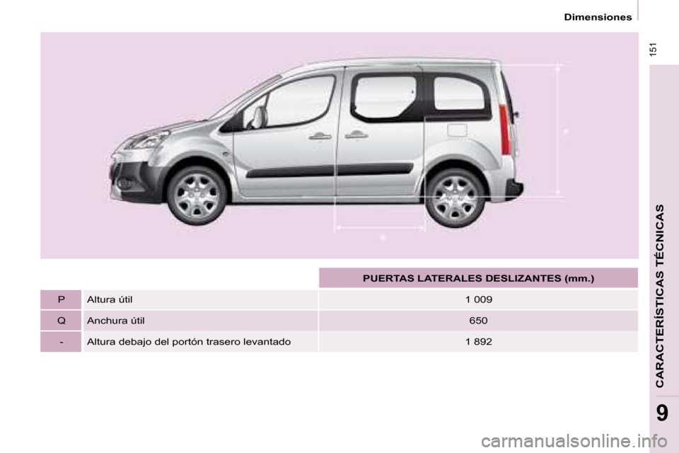 Peugeot Partner Tepee 2008.5 Manual del propietario (in Spanish) 151
Dimensiones
CARACTERÍSTICAS TÉCNICAS
9
PUERTAS LATERALES DESLIZANTES (mm.)
P Altura útil 1 009
Q Anchura útil 650
- Altura debajo del portón traser Peugeot Partner Tepee 2008.5 Manual del propietario (in Spanish) 151
Dimensiones
CARACTERÍSTICAS TÉCNICAS
9
PUERTAS LATERALES DESLIZANTES (mm.)
P Altura útil 1 009
Q Anchura útil 650
- Altura debajo del portón traser
