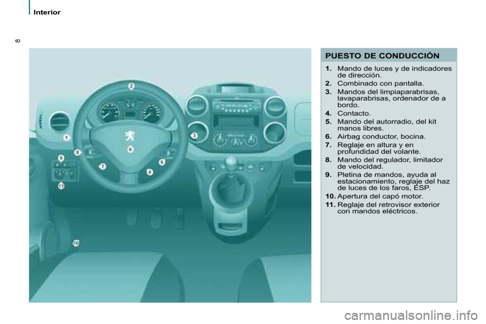 Peugeot Partner Tepee 2008.5  Manual del propietario (in Spanish) 8
   Interior   
  PUESTO DE CONDUCCIÓN  
   
1.    Mando de luces y de indicadores 
de dirección. 
  
2.    Combinado con pantalla. 
  
3.    Mandos del limpiaparabrisas, 
lavaparabrisas, ordenador