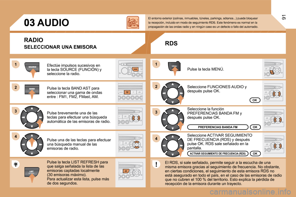 Peugeot Partner Tepee 2008.5  Manual del propietario (in Spanish) 11
22
33
44
MENU
22
44
33
11
91
     AUDIO 
 Efectúe impulsos sucesivos en la tecla SOURCE (FUNCIÓN) y  Efectúe impulsos sucesivos en sivos e
seleccione la radio. 
 Pulse la tecla BAND AST para sel