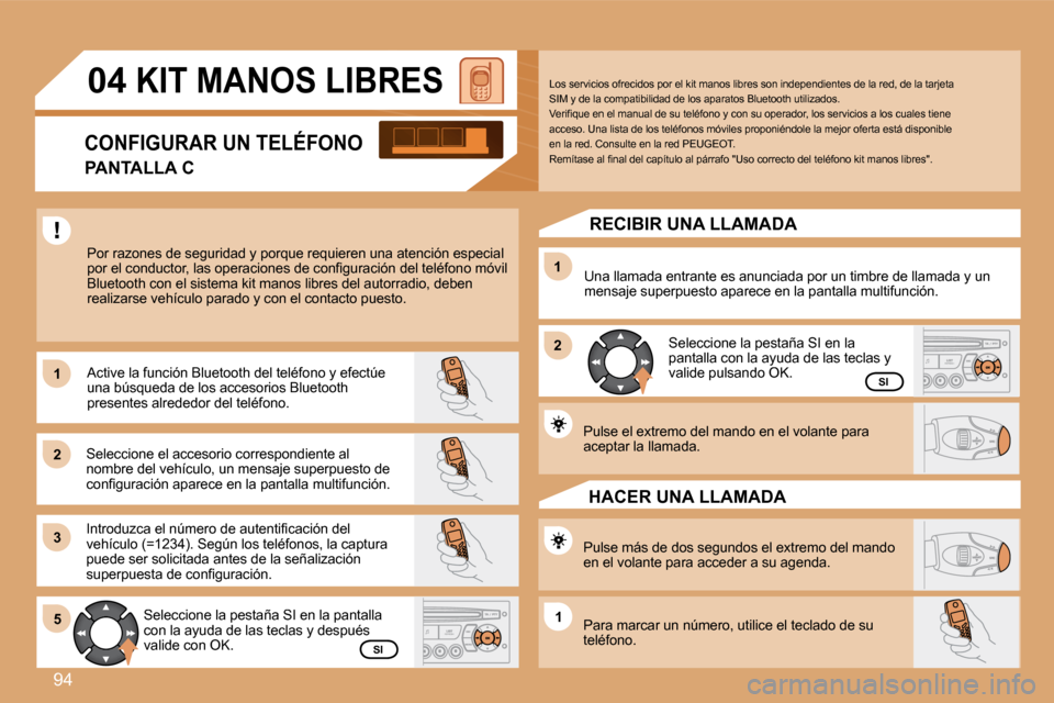 Peugeot Partner Tepee 2008.5  Manual del propietario (in Spanish) 94
11
22
33
11
22
5511
04 KIT MANOS LIBRES 
 Por razones de seguridad y porque requieren una atención especial �p�o�r� �e�l� �c�o�n�d�u�c�t�o�r�,� �l�a�s� �o�p�e�r�a�c�i�o�n�e�s� �d�e� �c�o�n�ﬁ� �g